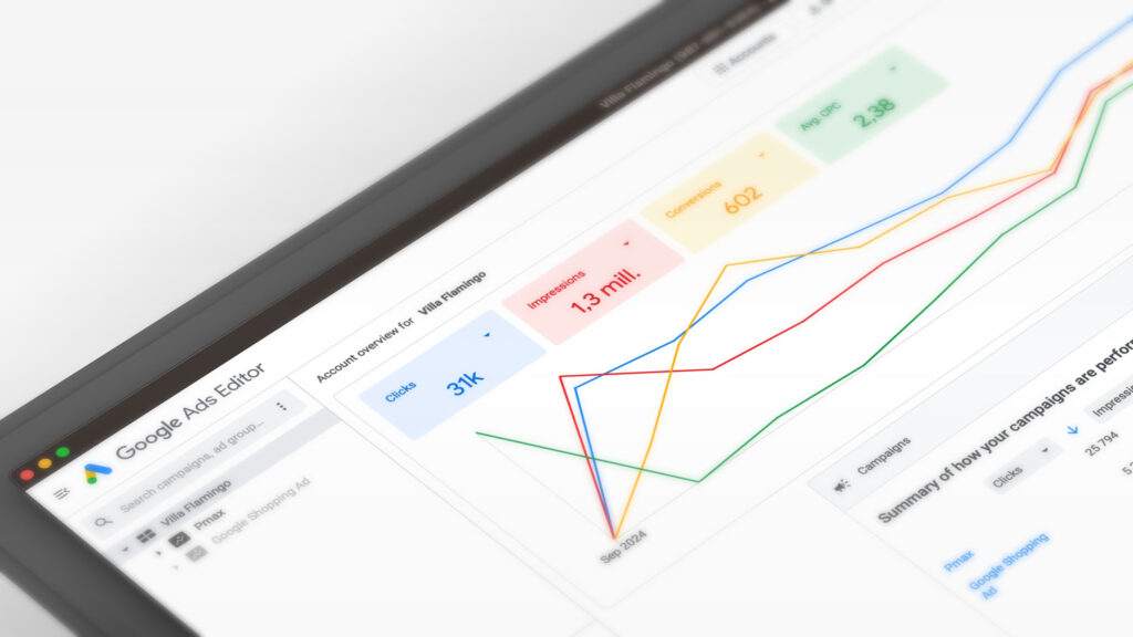Close up av en pc skjerm som viser statistikk fra en Google ads kampanje