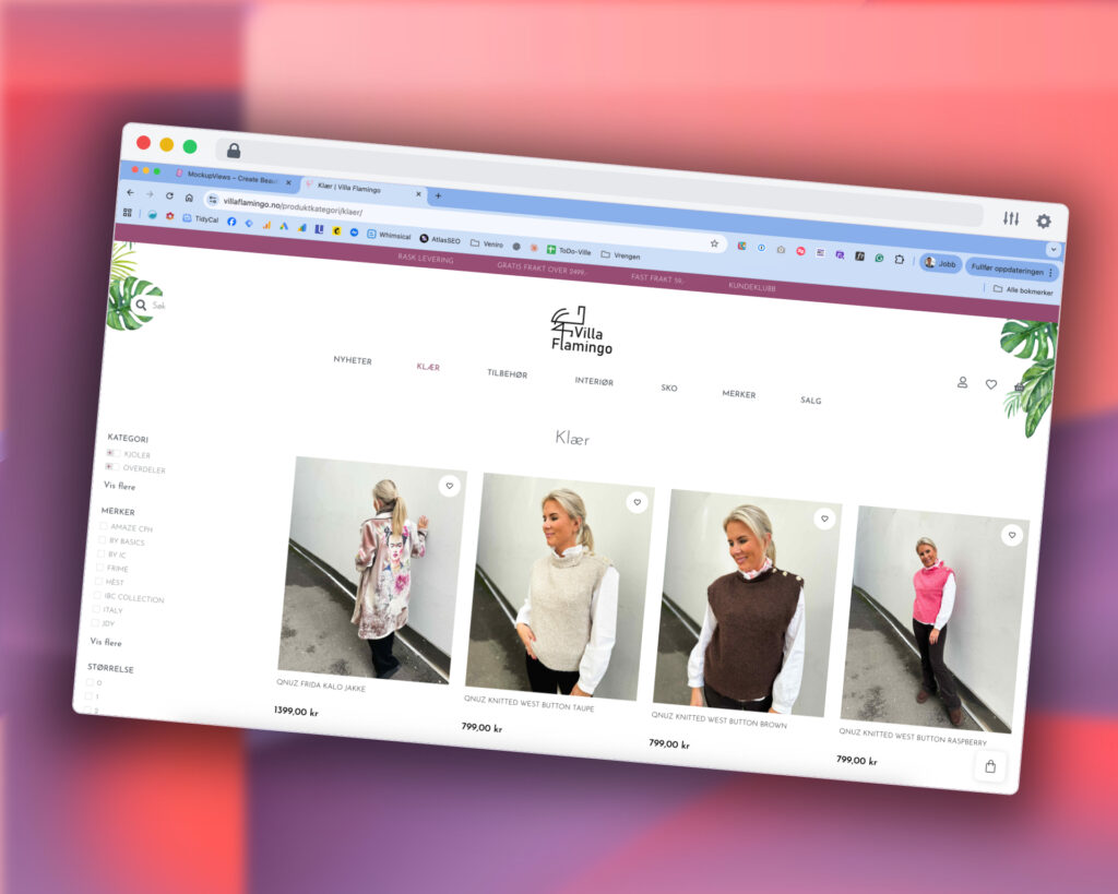 Visning av en webbrowser som viser villaflamingo sin hjemmeside i Woocommerce
