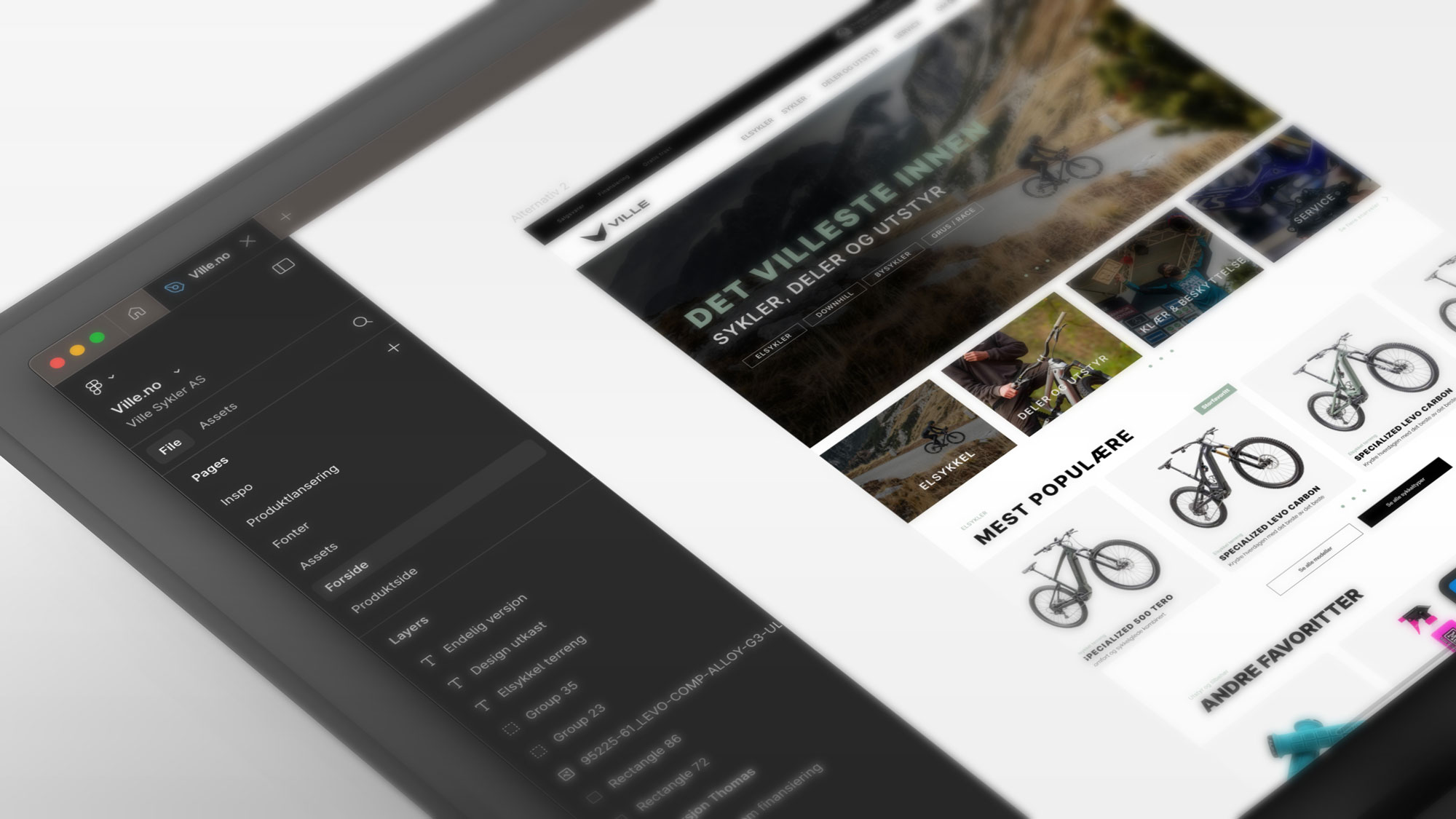 Bilde av en skjerm som viser designprosess for nettbutikken til villesykler.no